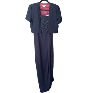 AfterDark Navy Blue Pebble Georgette 2pc Lined Beaded Formal Jacket Dress Sz 10